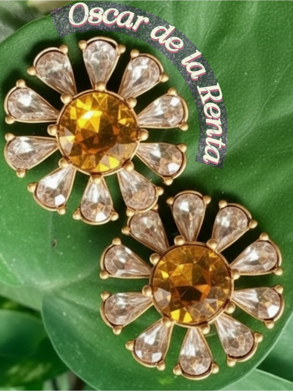 OSCAR DE LA RENTA FLOWER EARRINGS Gold/Citrine Crystal Daisy Stud Post - Picture 4 of 12